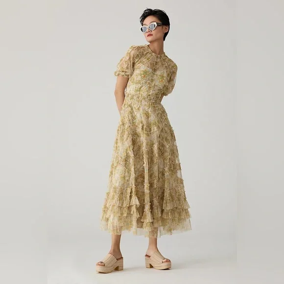 MAC DUGGALPlus Pleated One-Shoulder Rosette Detail Gown Anthropologie